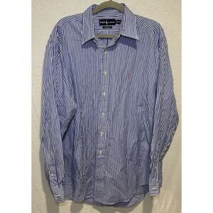 Ralph Lauren Mens White Blue Stripes Classic Fit Button Up Size 16.5/L Pinkpony